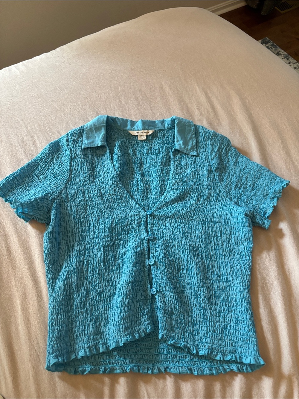 American Eagle Outfitters Turquoise Crinkle Short-Sleeve Button Shirt